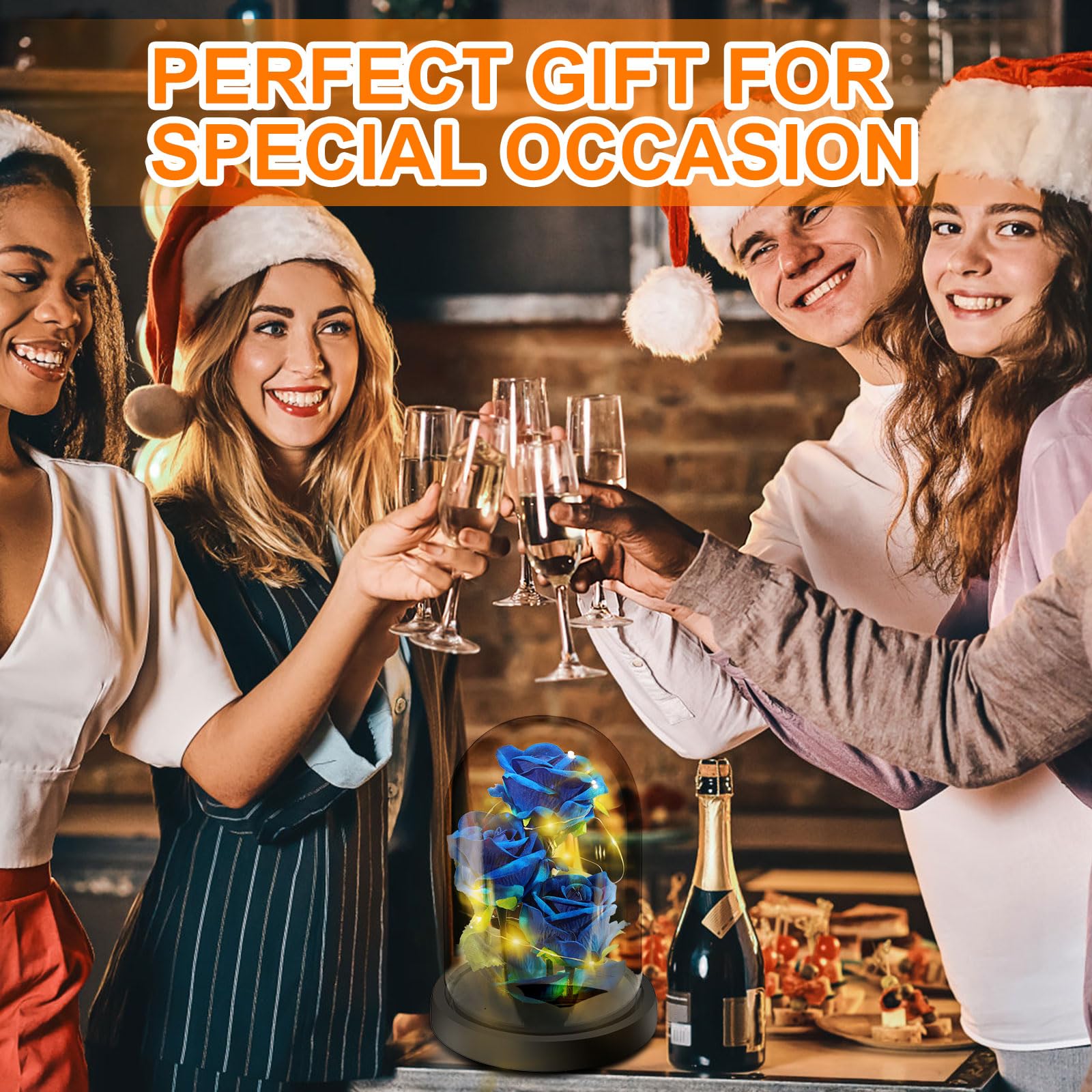 Regalo di San Valentino Per Mamma Nonna, Fiore Rosa Regalo per Lei - 3 Rose di Seta Blu con Luce a LED in una Cupola di Vetro per la Festa Della Mamma, Compleanno, Anniversario, Fiore Rosa Regalo