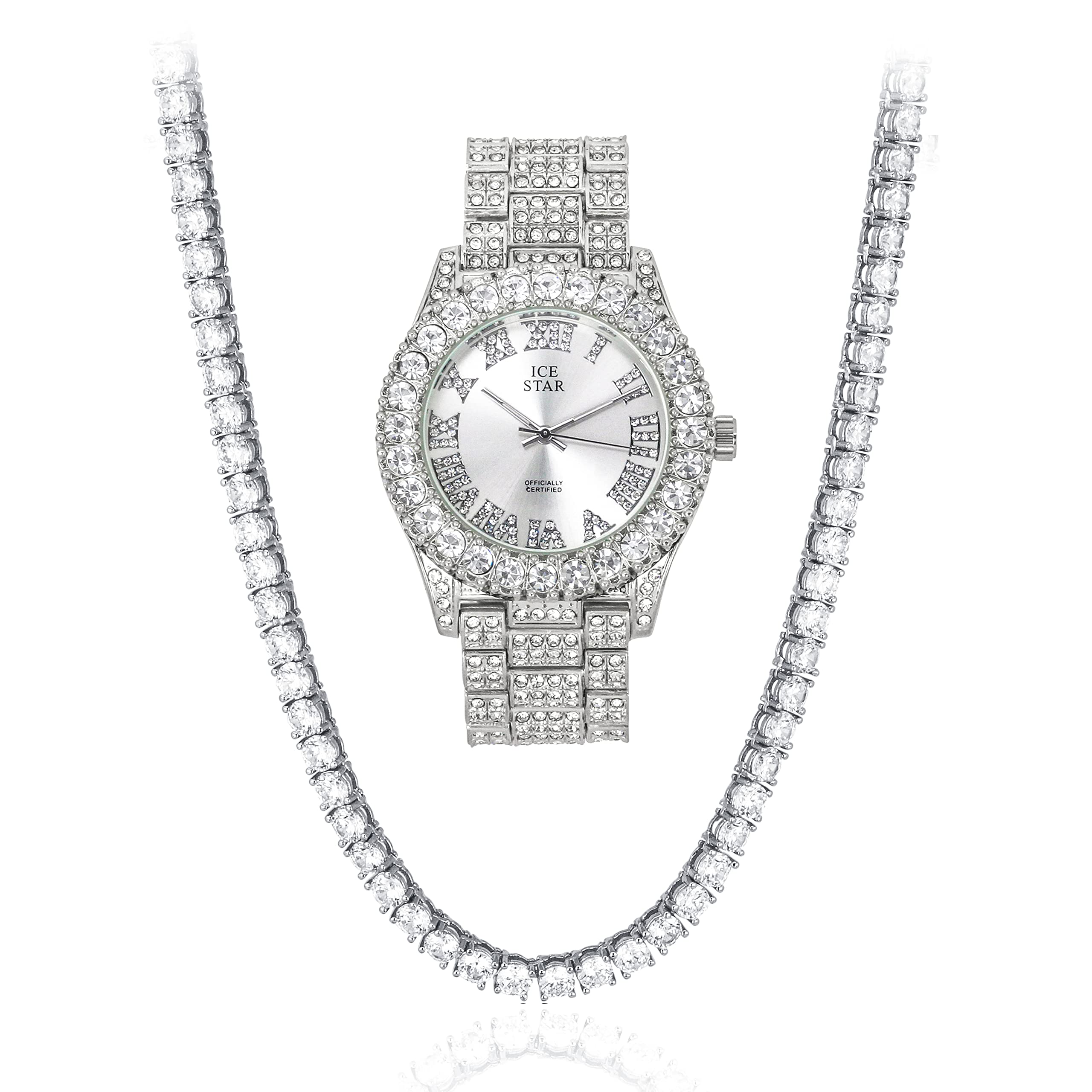Techno PaveICY Metal Band Watch with Iced Out CZ Solitaire Bezel and Curved 12mm Diamond Cuban Link Bracelet Combo - Hip Hop Inspired Bling-ed Out Jewelry for Men