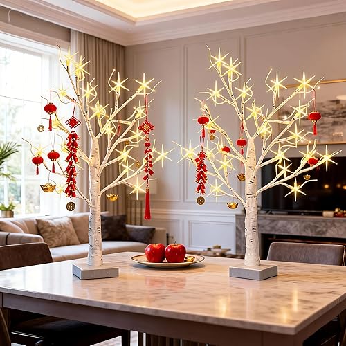 Miniatura 11 de Paquete de 2 decoraciones iluminadas de Navidad de Halloween para interiores, árbol de abedul de 2 pies con luces LED, pequeño árbol de Navidad de