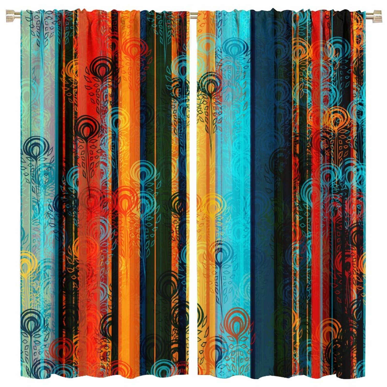 DDCBNS Abstract Stripes Curtains for Living Room,Blue Black Painting Print Window Treatments for Bedroom Kitchen Café Décor Colorful Hippie Drapes 2