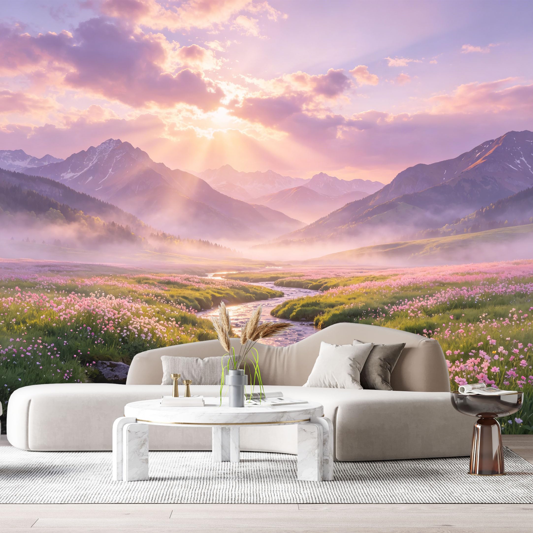 Custom Size Wall Murals Sunrise Meadow Landscape Mountain River Wildflowers Mist Valley SelfAdhesive Wall Fabric Removable Large Wallpaper for Photo Living Room