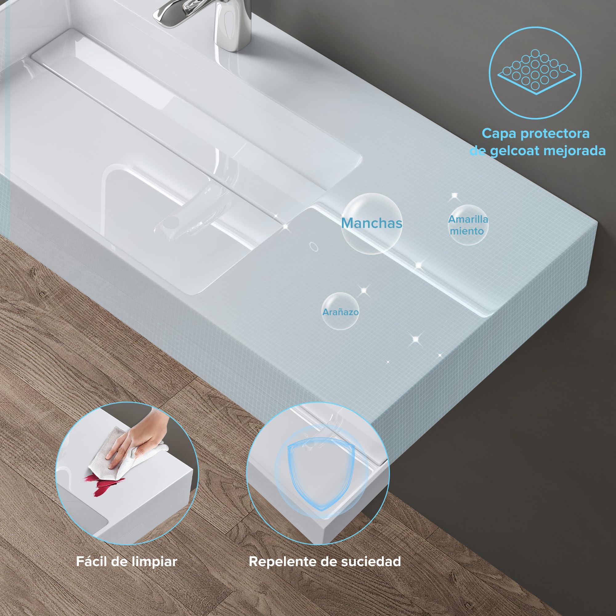doporro Lavabo sobre Encimera o Suspendido 100x48x13 cm, Mármol Fundido Blanco, Desagüe Oculto, Lavabo Izquierdo, Colossum12