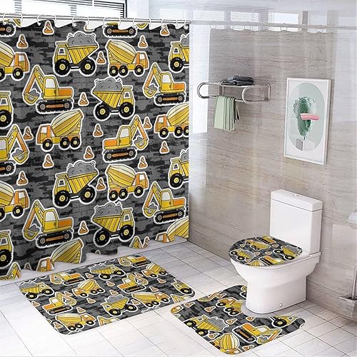Juego de 4 cortinas de ducha de construcción de excavadora con alfombras, cubierta de tapa de inodoro, decoración de baño Juego de 4 cortinas de ducha de construcción de excavadora con alfombras, cubierta de tapa de inodoro, decoración de baño