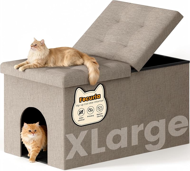 Móvel para Caixa de Areia de Gatos com Banco e Tampa Basculante Fecuria, Tecido Oxford Resistente a Arranhões, Extra Grande (XL), Cinza-Claro