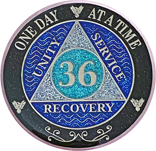 Miniatura 20 de (años 1-50) Medallón de purpurina plateado de recuperación AA de 47 años, arcoíris negro, azul, moneda de purpurina plateada, cubierta de epoxi