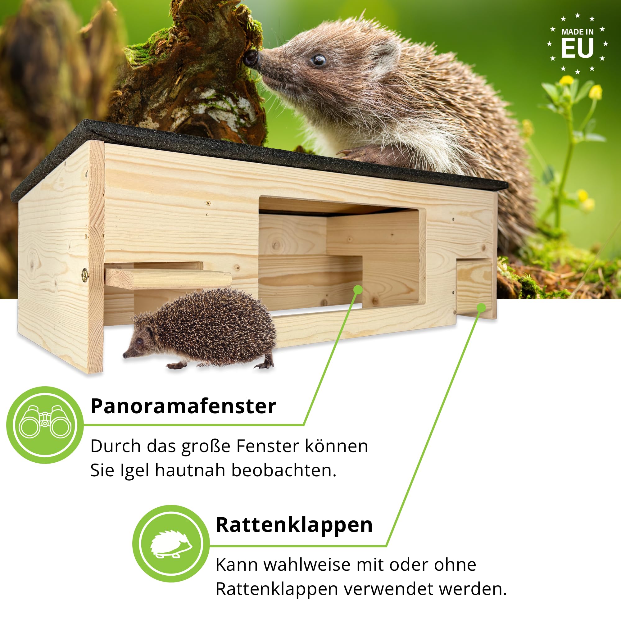 GARTENETAGE Igelfutterhaus XXL mit Panorama-Beobachtungsfenster, Rattenklappen & Fluchtweg – wetterfestes Igelhaus aus zertifiziertem Holz – nachhaltiger Schutz & Beobachtung im Garten