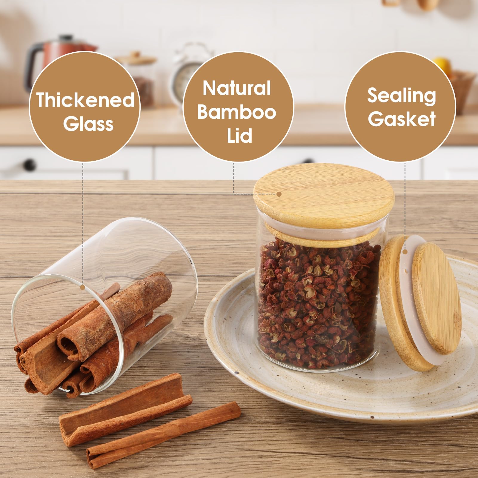 12 Pot a Epices Ronds, 250ml Bocaux à Épices en Verre et Bois, Bocaux en Verre Hermetique Récipient à épices, Boite Epices Cuisine Rangement, ⌀6,5cm x 10,5cm