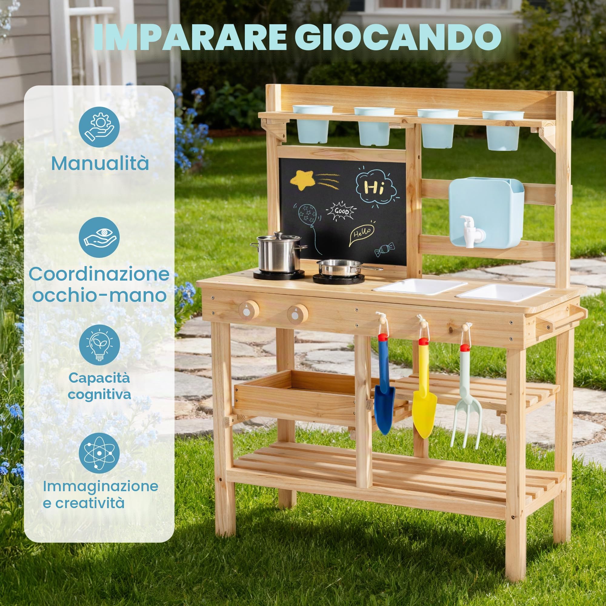 ROBUD Cucina in legno per bambini piccoli, cucina giochi per esterni con lavello, fornello, vasi, lavagna, vano portaoggetti e accessori da cucina, giocattolo per ragazzi e ragazze dai 3 anni in su