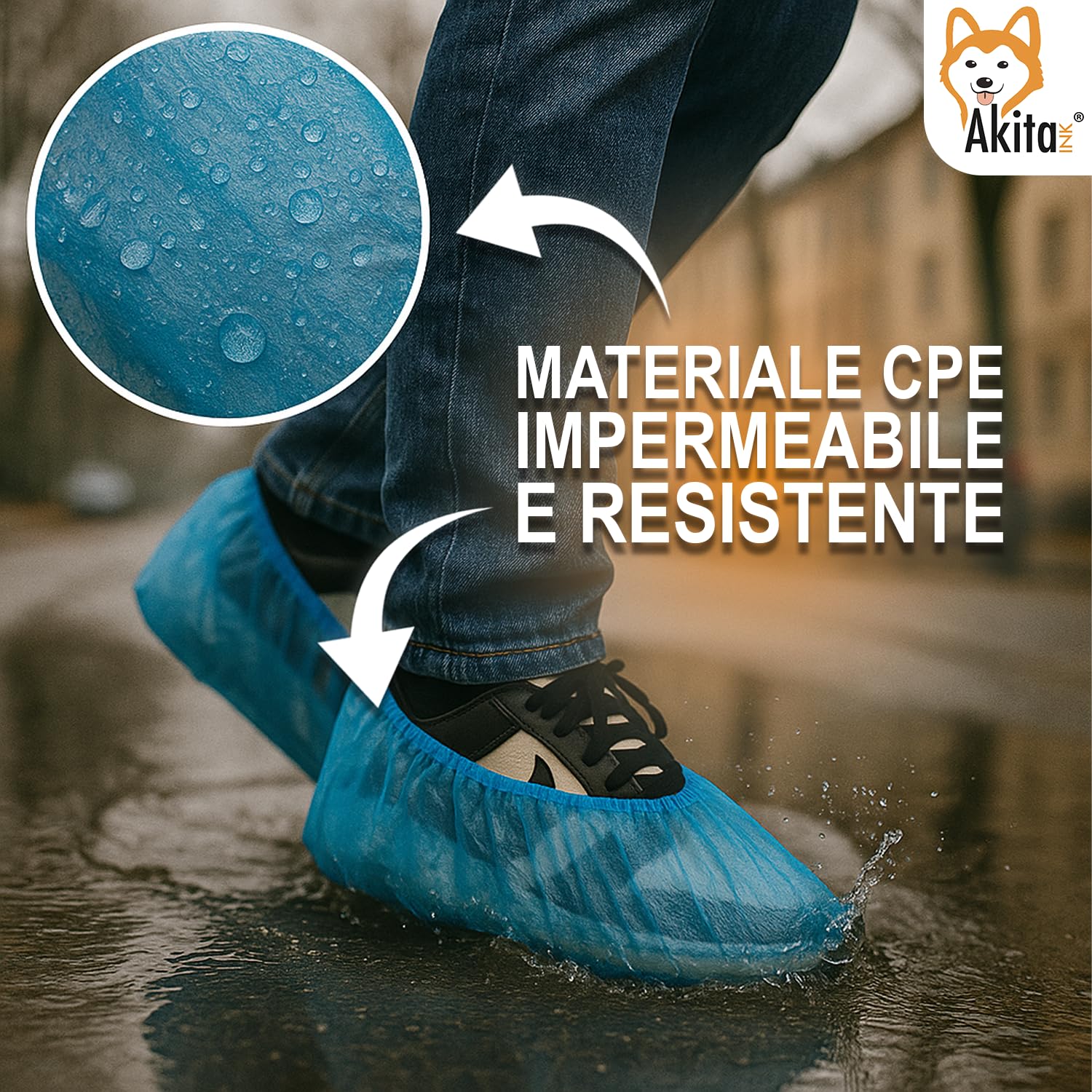 Copriscarpe Monouso in CPE AKITAInk – Blu, Suola Goffrata, Taglia Unica Fino al 48, Impermeabili, DPI per Pulizia