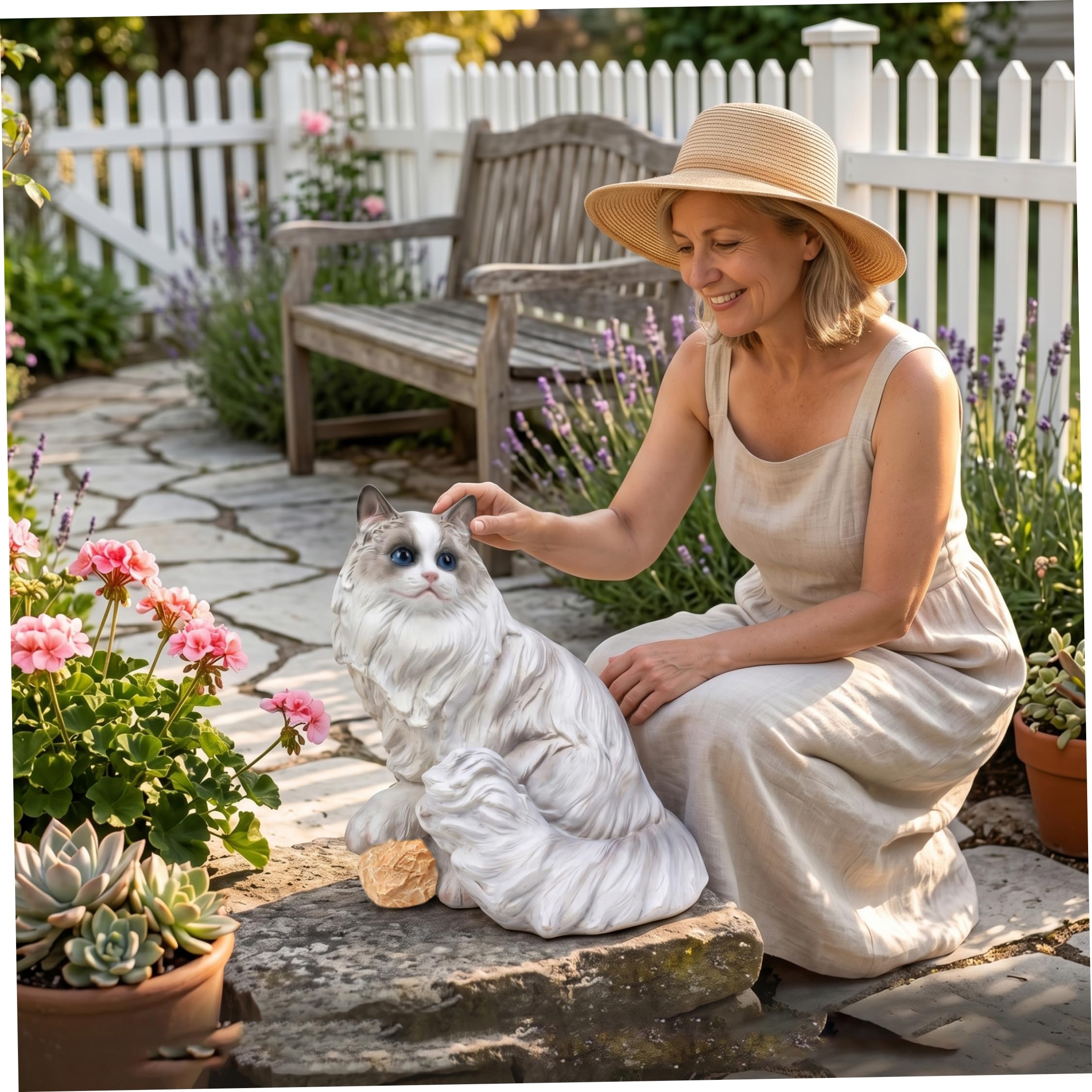 Statua da Giardino per Gatti, Statuetta realistica di Gatto Ragdoll - Statua da Esterno in Resina per Decorazione di Cortile e Balcone, Bianca, Alta 9, 06 Pollici, per Esterno