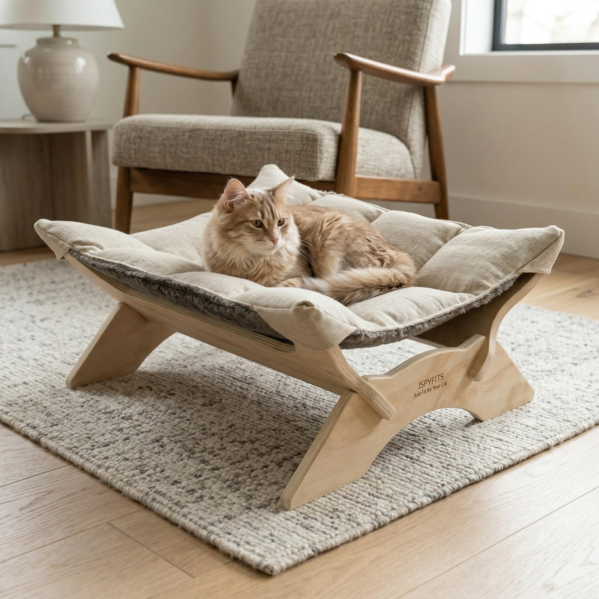 JSPYFITS Katzenbett, Plüsch-Samt-Katzenbetten für Indoor-Katzen, Katzenhängematte aus Holz, 54 x 42 x21 cm, geeignet für Katzen, Hunde, Kaninchen, Kätzchen und Kleintiere Grau