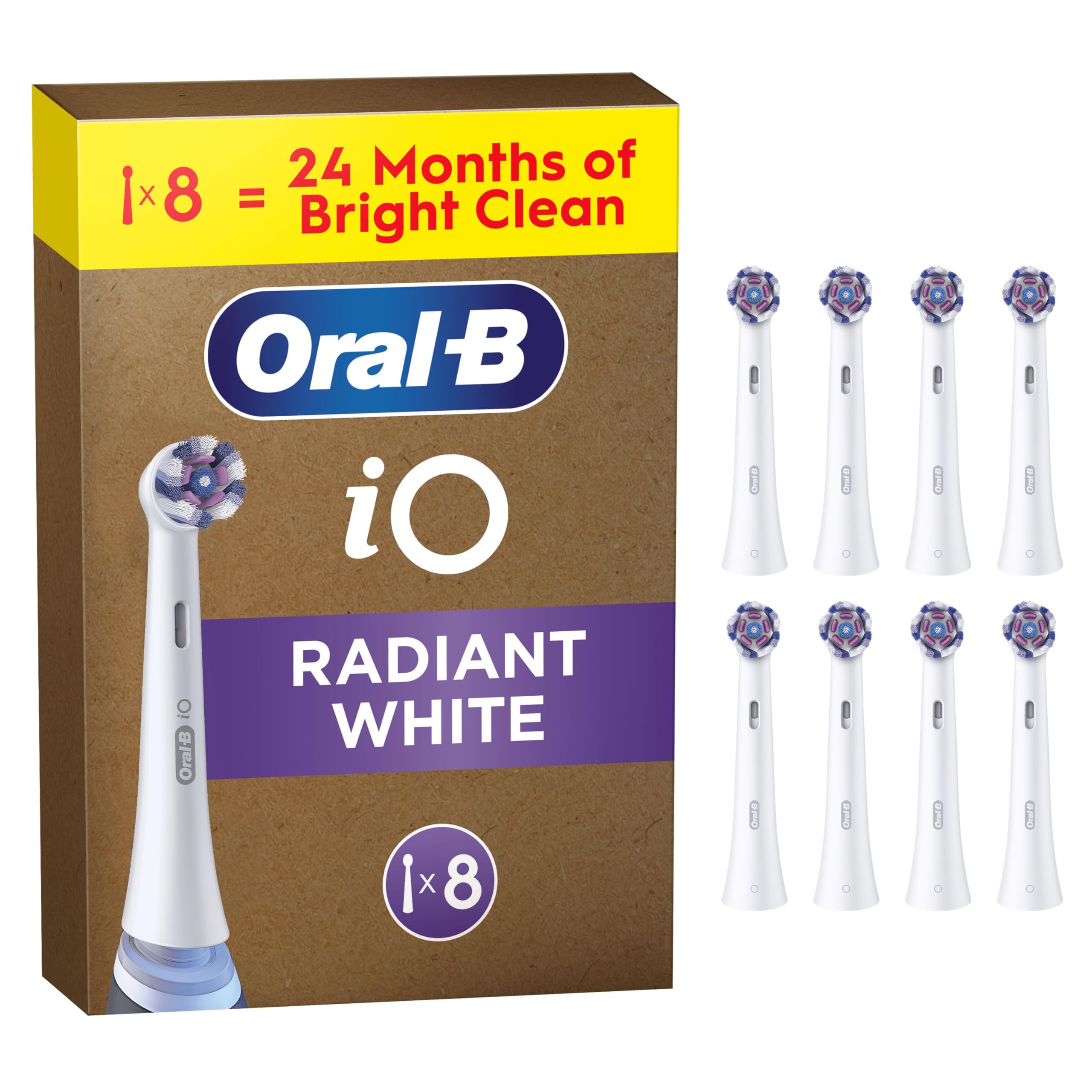 Oral-B iO Series Radiant White, Original Replacement Round Brush Heads, Angled Bristles - Deeper Plaque Removal, Polishing Petals for Teeth Whitening, for Oral-B iO Electric Toothbrushes, 8