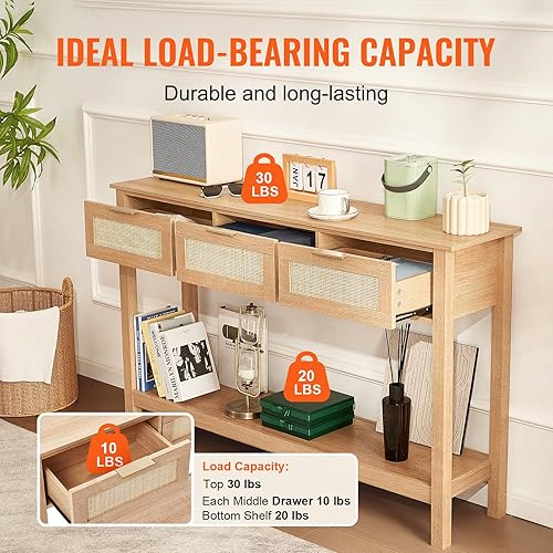 Miniatura 5 de VEVOR Mesa consola de ratán, mesa de entrada con 3 cajones de almacenamiento, mesa de pasillo con puerta corredera de ratán natural, mesa de sofá