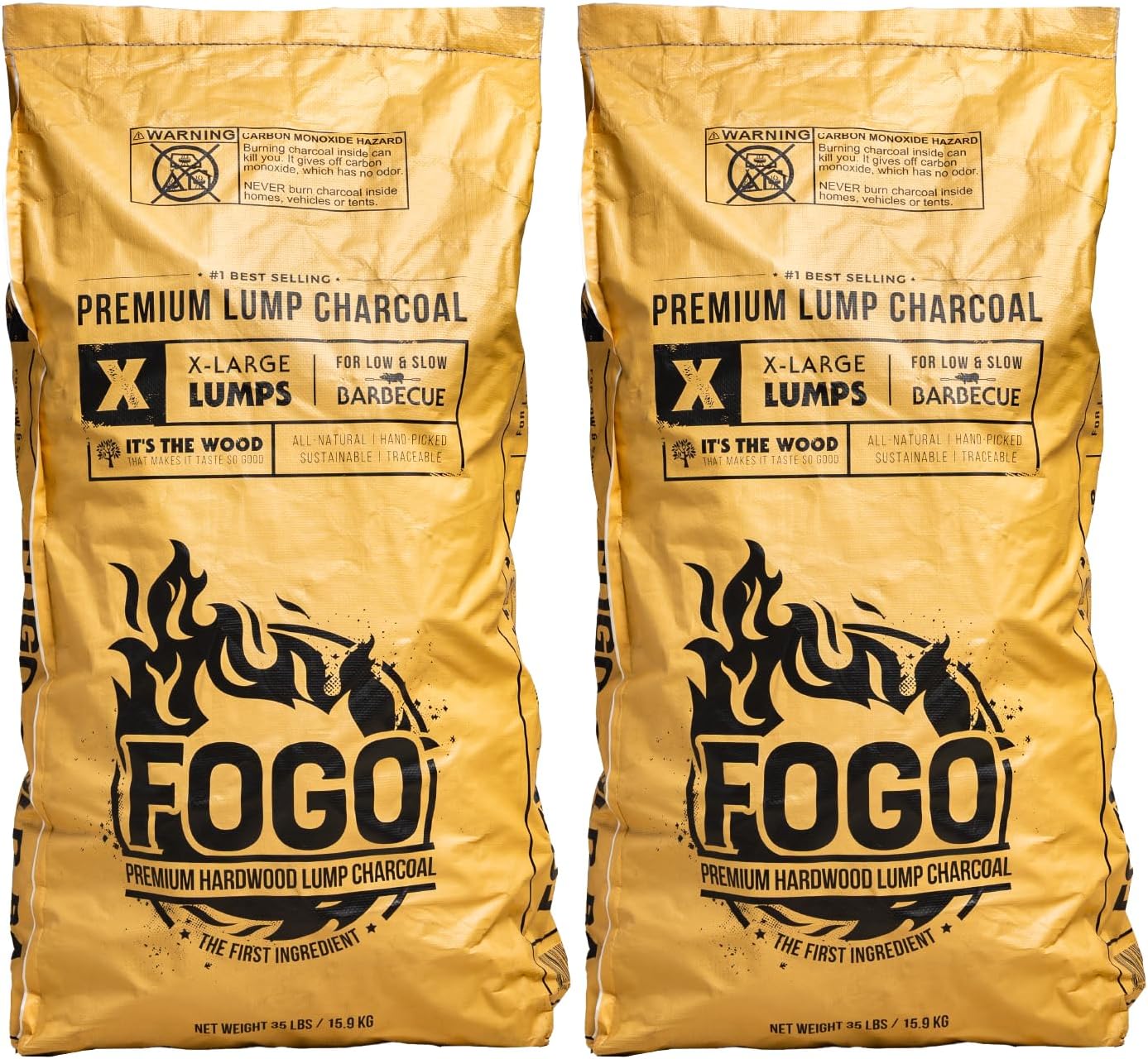Premium Hardwood Lump Charcoal, Natural, Large Sized Lump Charcoal for Grilling and Smoking, Restaurant Quality, 35 Pound Bag, 2-Pack