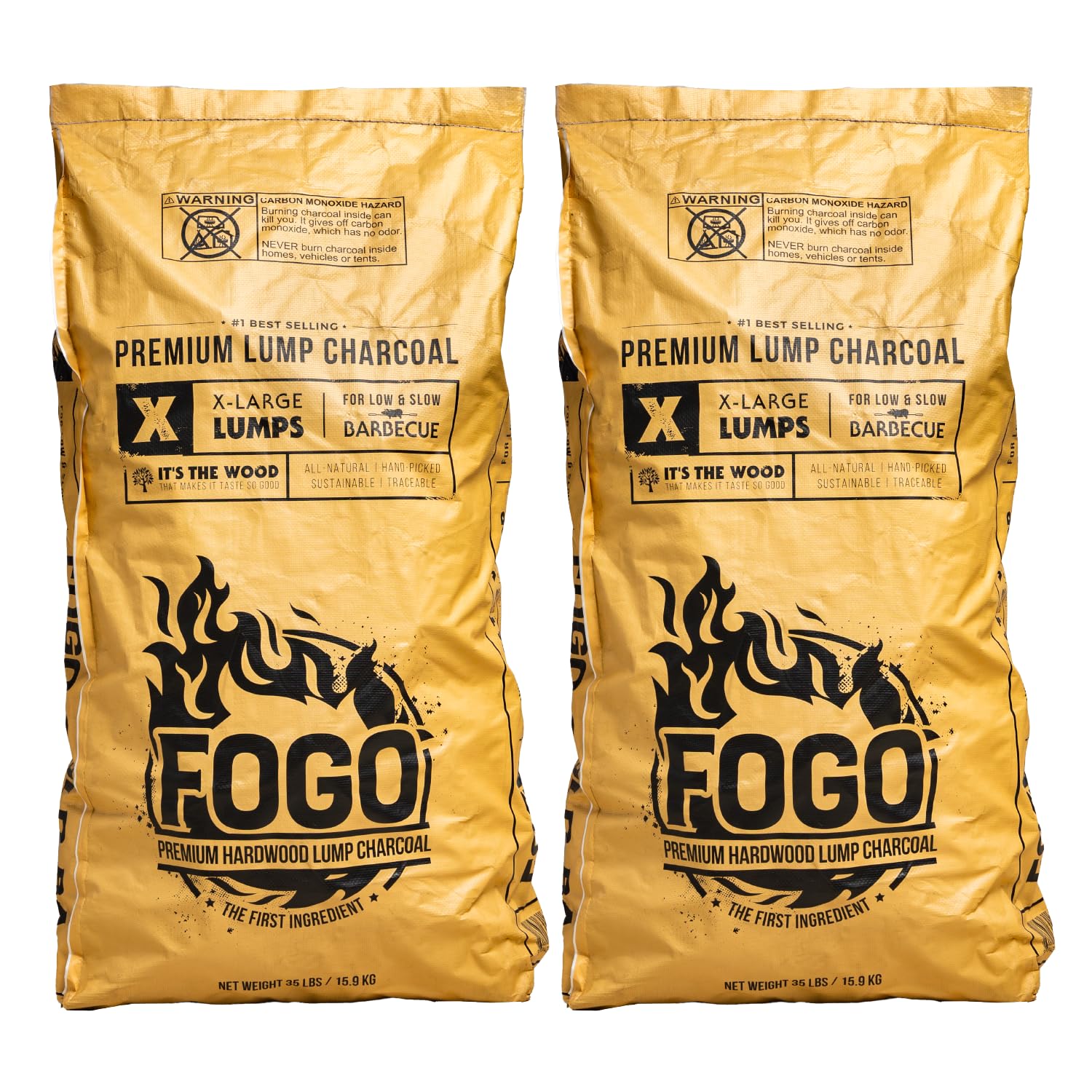 FOGO Super Premium Hardwood Lump Charcoal, Natural, Large Sized Lump Charcoal for Grilling and Smoking, Restaurant Quality, 35 Pound Bag, 2-Pack