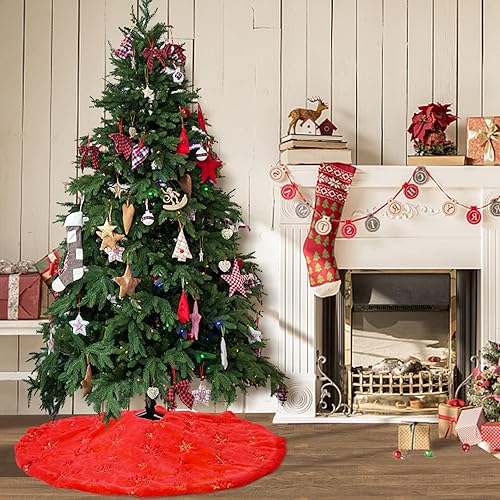 Miniatura 3 de DegGod Faldones de felpa para árbol de Navidad, 36 pulgadas, de piel sintética roja de lujo con copos de nieve dorados para decoración de fiesta en