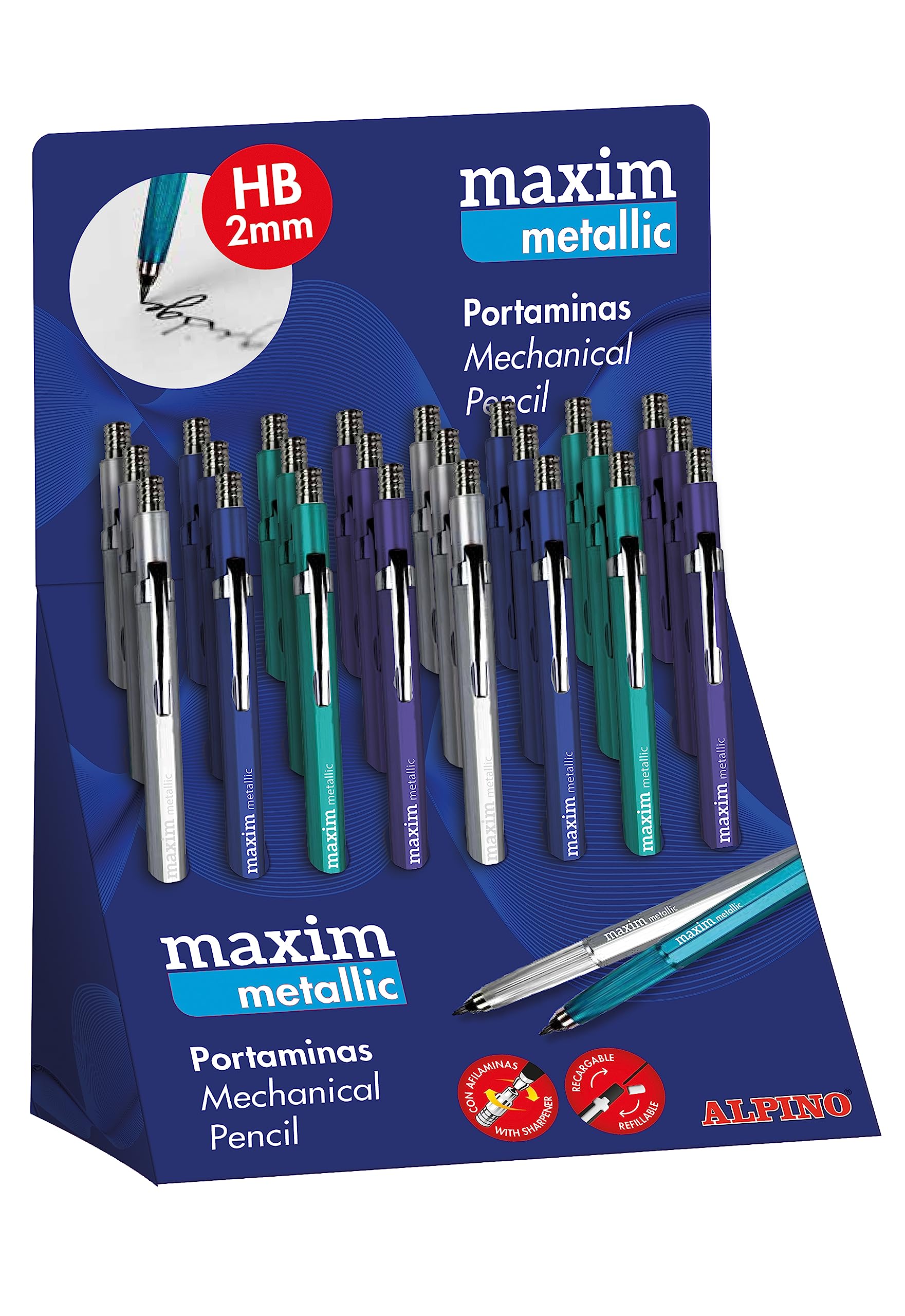 Alpino Expositor 24 Portaminas Maxim Metalix Portaminas recargable de 2mm con cuerpo metálico y afilaminas | Blíster con 12 minas HB gratis | Colores metálicos