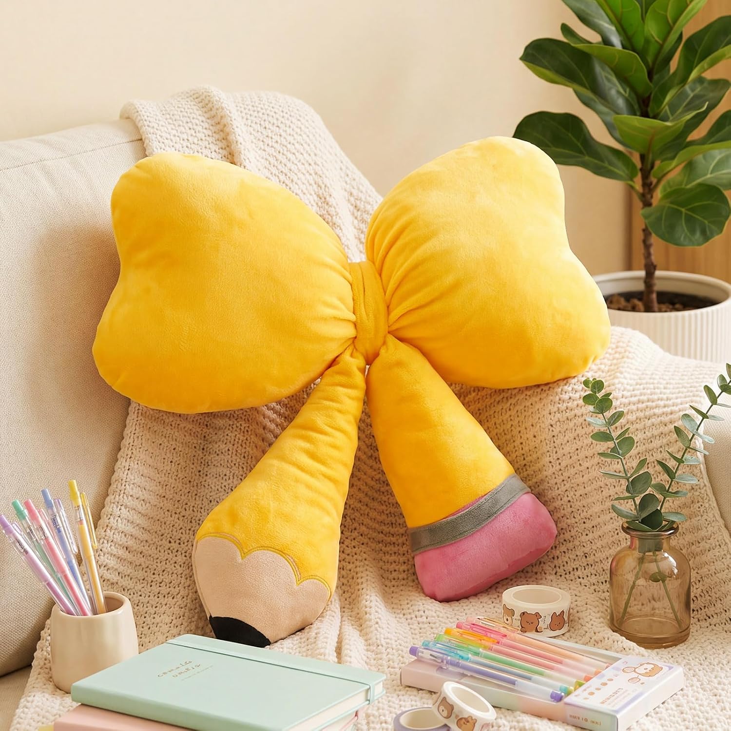 Qunclay Bow Pencil Pillow Back to School Throw Pillow 20''x16'' Soft Yellow Pencil Cushion for Classroom Cute Funny Pillowcase with Cotton Insert for Teacher Classroom Library Living Room Sofa Couch