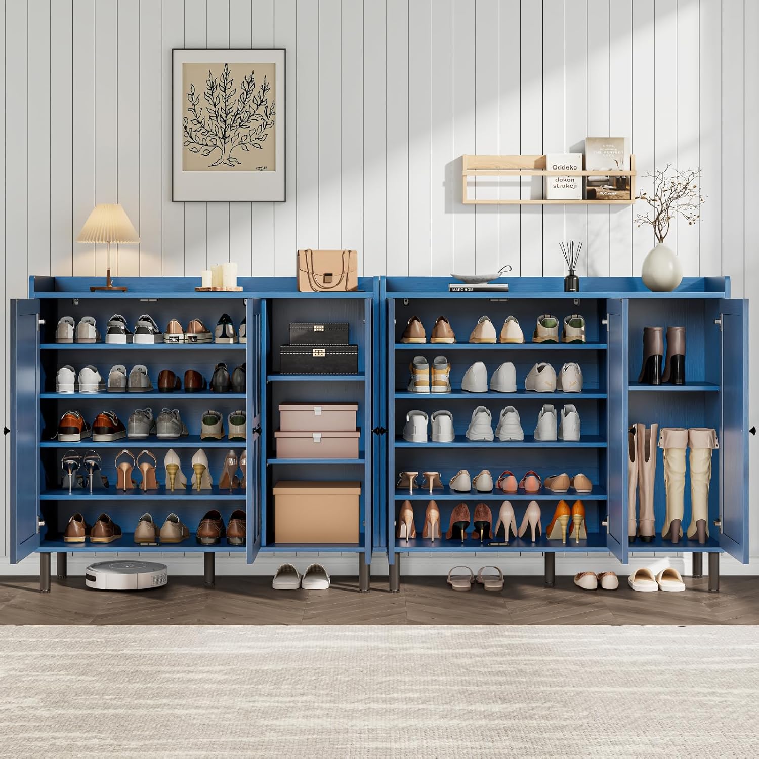 ONBRILL Shoe Cabinet with 3 Doors and Adjustable Shelves, 30 Pairs Shoe Storage Cabinet, 40 Inch Tall Farmhouse Shoe Rack Shoe Organizer Cabinet for Entryway Living Room Closet, Blue