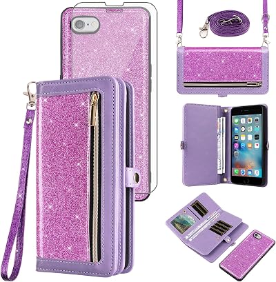 Asuwish Phone Case for iPhone 6 6s Zipper Wallet Cell Cover with Tempered Glass Screen Protector Strap Bling Glitter Flip Card Holder iPhone6 Six i6 S iPhone6s i Phone6s Phone6 6a S6 6SE Women Purple