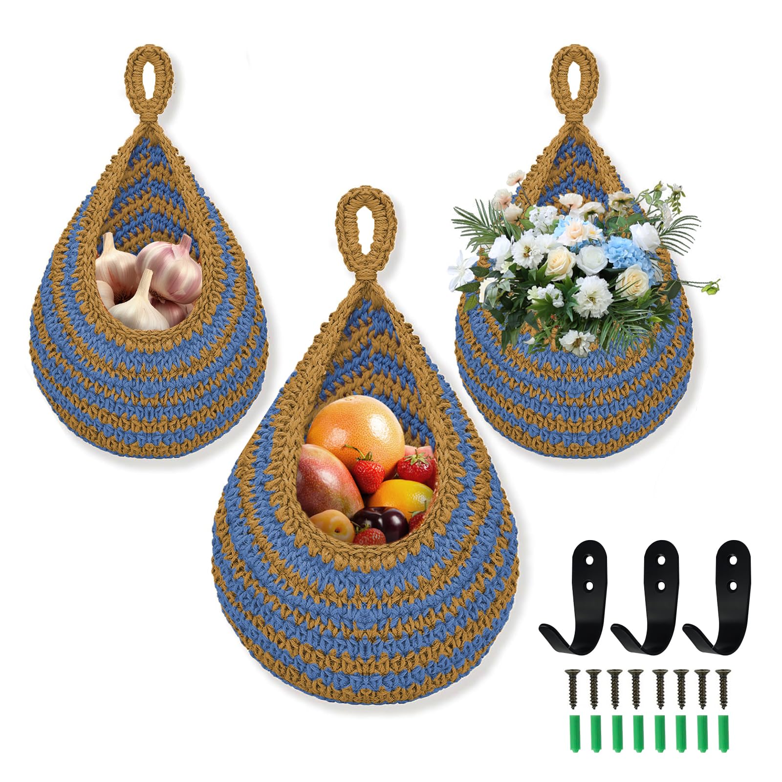 wishfly Hanging Fruit Basket for Kitchen, 3 Pack Boho Wall Basket