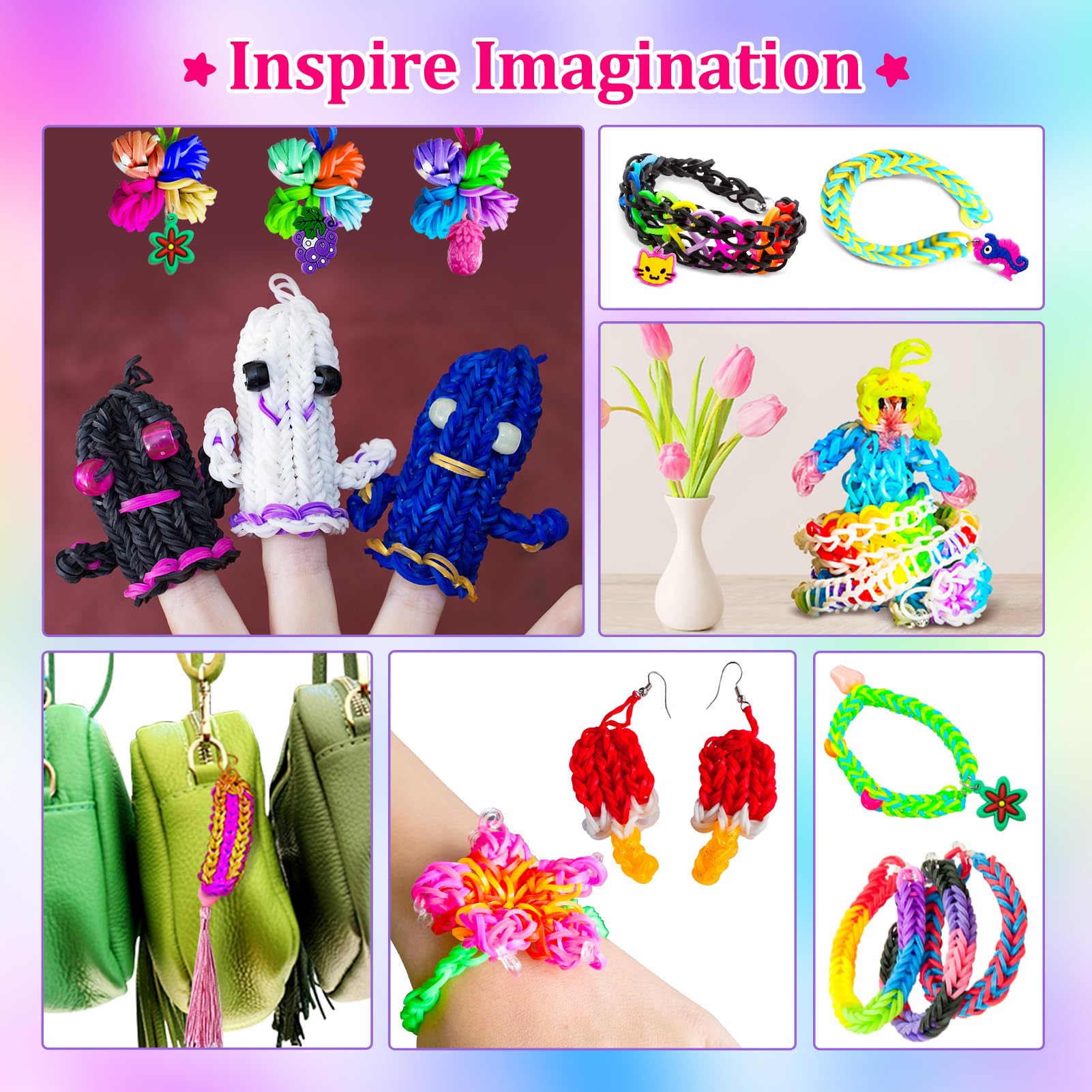ROSHUKG 14500 Gomas para Hacer Pulseras, Kit para Hacer Pulseras de Goma de Colores con Recipiente de 3 Capas para Niñas Niños(Rosa)