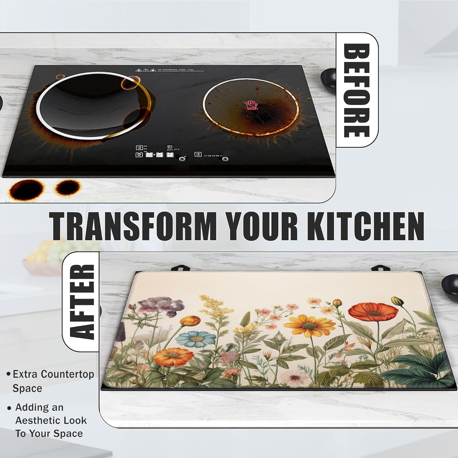Wild Flowers Glass Top Stove Cover Protector,Rustic Floral Stove Top Covers for Electric Stove,Washable Heat Resistant Cooktop Mat Anti-Slip Range Covers, 28 x 20 Inch