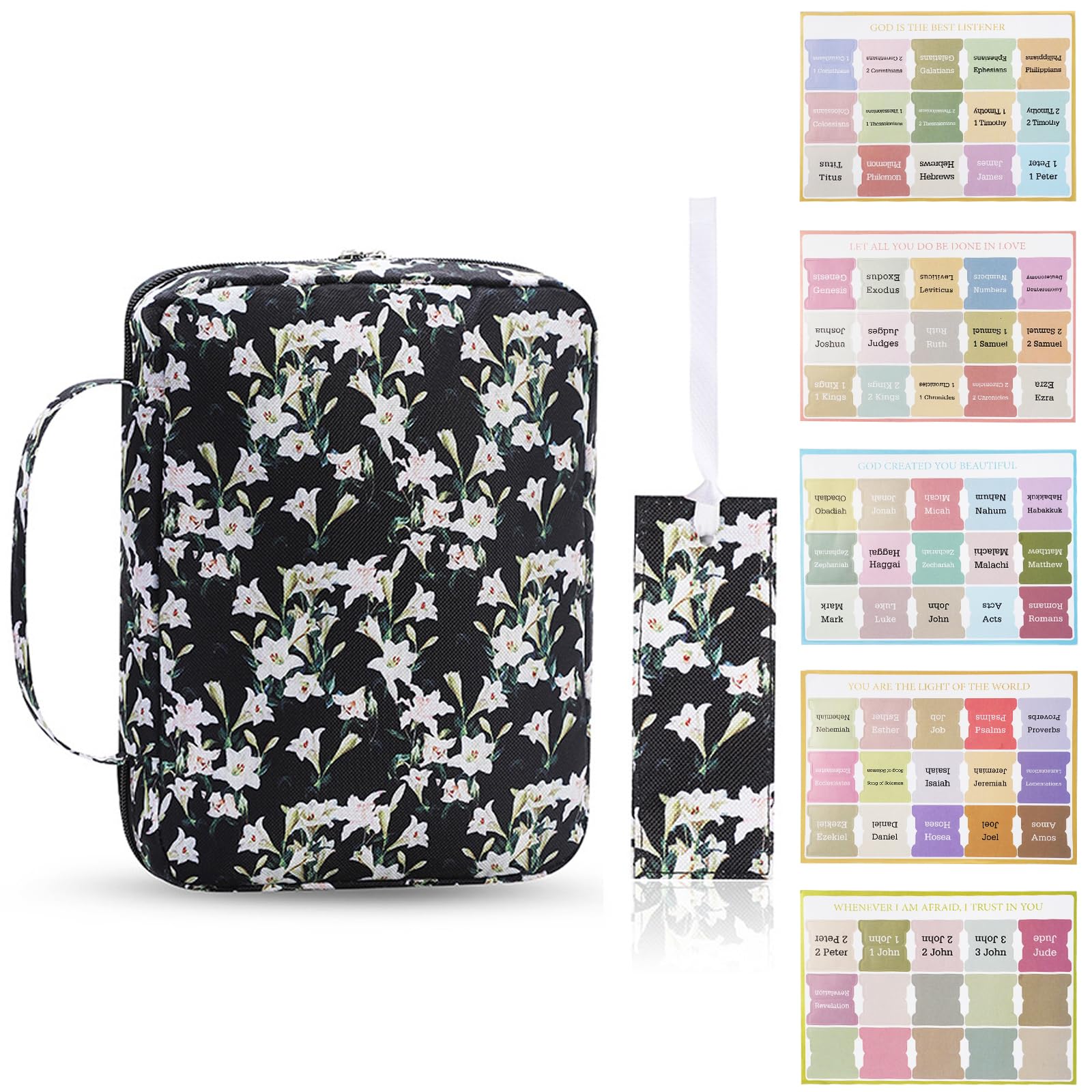 QZDAFFIC Bible Cover with Bible Tabs, Large Bible Bag for Women Girls Men, Durable A5 Book Cover Zipped Tote Bag for Bible Study Supplies (Rose Painting)