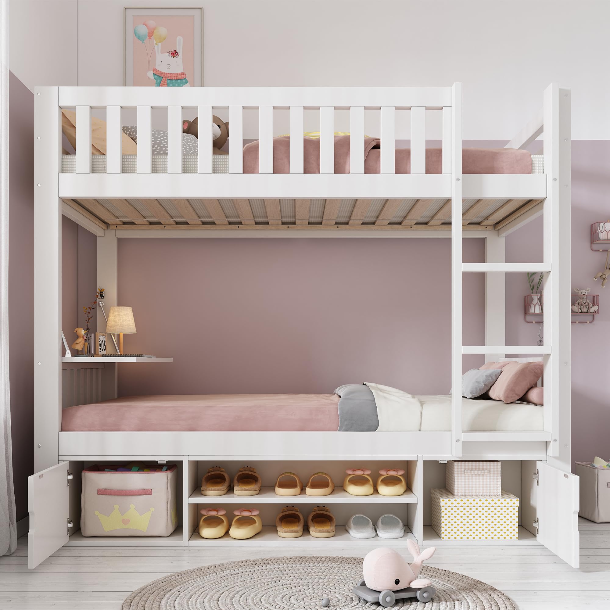 MURUL Cama alta para niños, 90 x 200 cm, color blanco, con tablero plegable, zapatero integrado y somier, certificado EN 747, solución todo en uno para ahorrar espacio, sin colchón