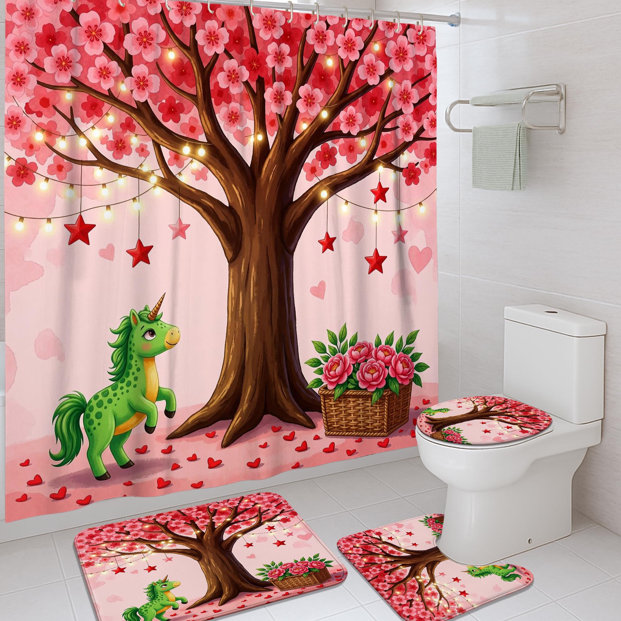 Rideau de douche anti-moisissure en polyester lavable motif fleurs et cheval magique