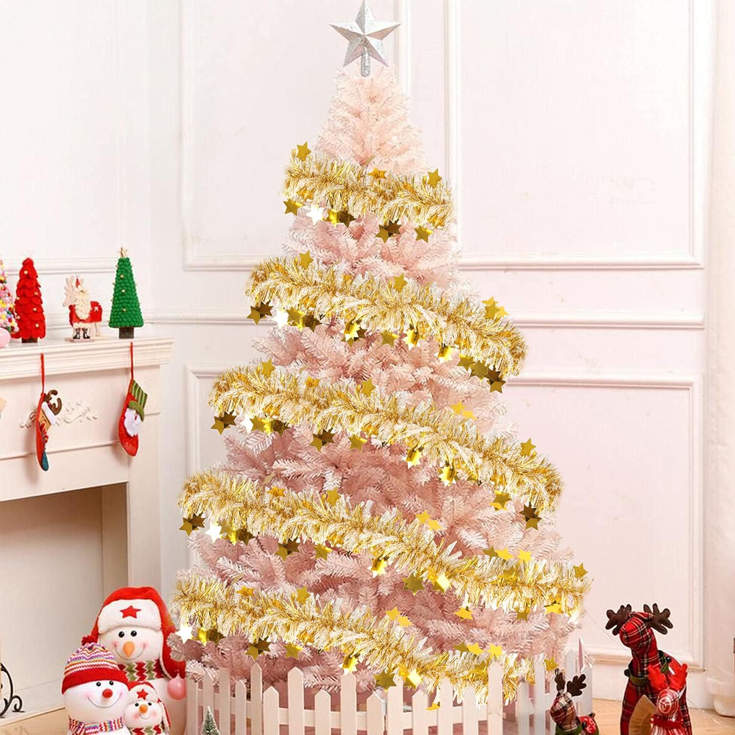 LOMIMOS 32.8 Ft Christmas Tinsel Garland, White Gold Glittering Decoration for Christmas Tree Party Wedding Supplies - Image 5