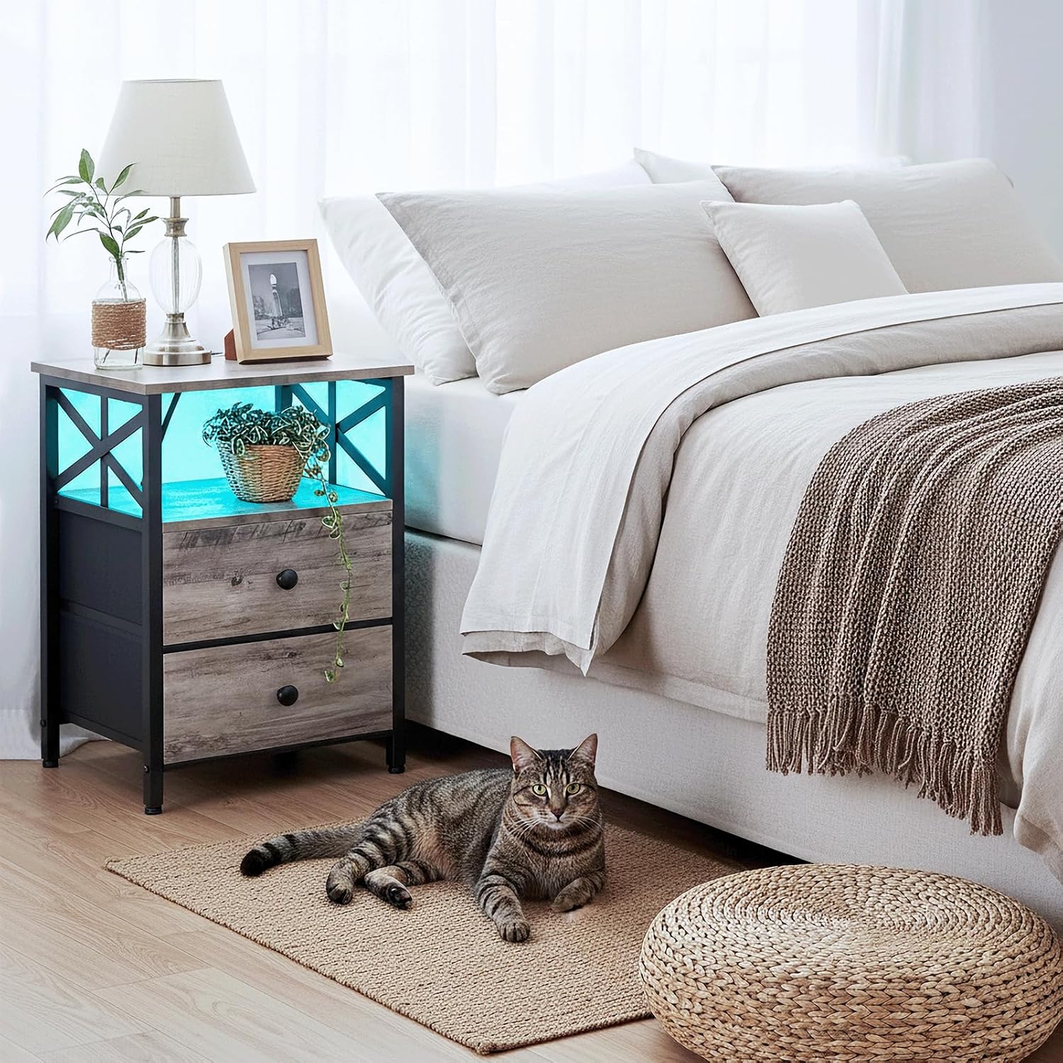 AMHANCIBLE Night Stand Set of 2 with Charging Station and LED Lights, Large 2-Drawer Bedside Tables with USB Ports and AC Outlets, Modern Nightstand for Bedroom, Grey, HET052LGY