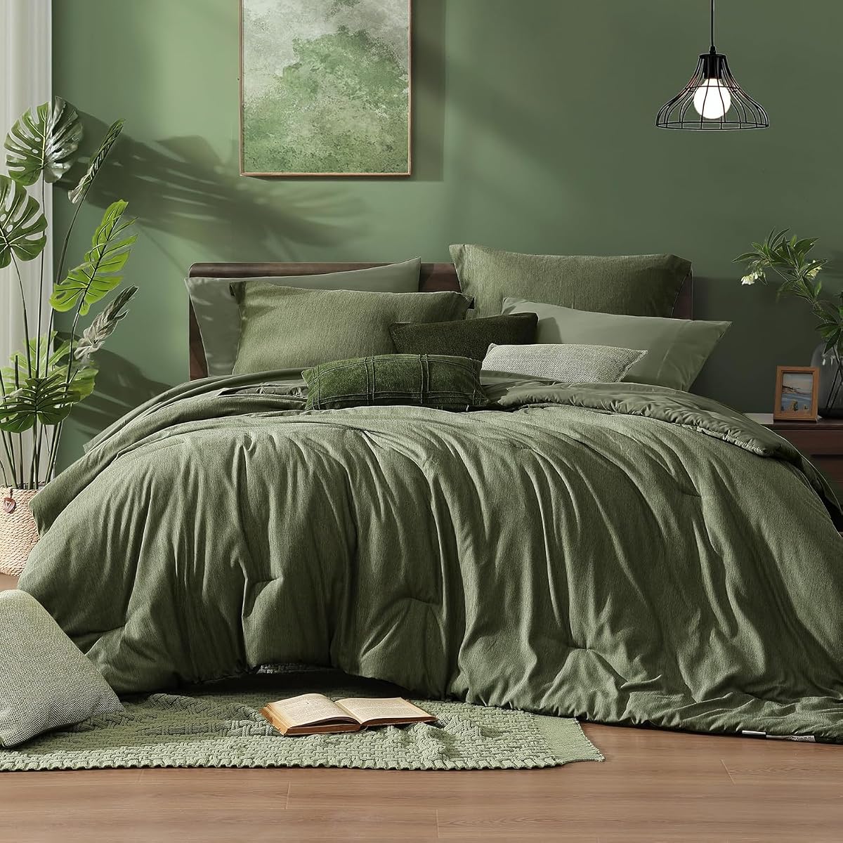 California King Comforter Set Olive Green 7 Pieces Bed in a Bag | Cationic Dyeing Reversible All Season Bedding Sets with Comforter, Sheets, Pillowcases & Shams