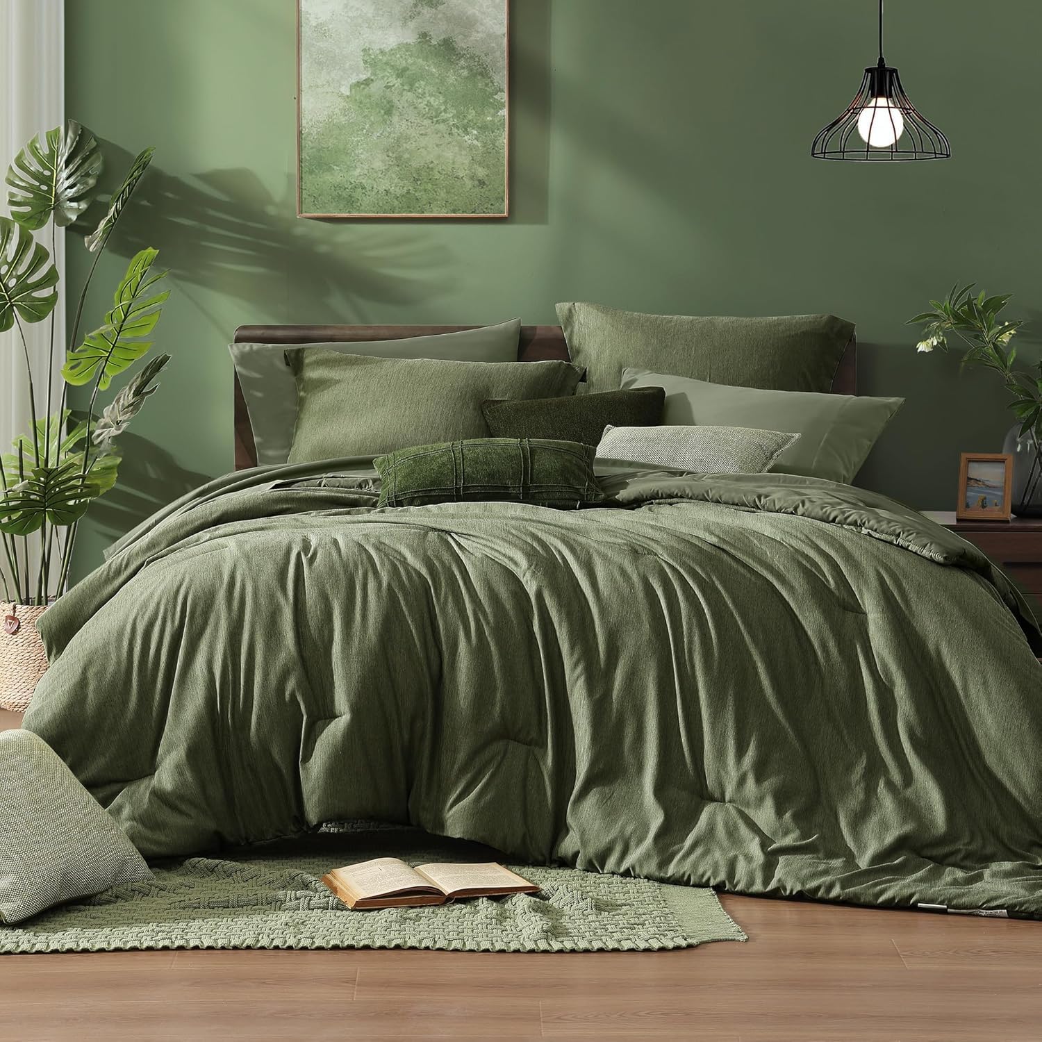 Monbix California King Comforter Set - 7 Pieces Cationic Dyeing Olive Green Bed in a Bag Cal King Bedding Sets with Comforter, Sheets, Pillowcases & Shams, Reversible Bedding Comforters Sets(108 * 92) Olive Green 7Piece-CK(108”*92”)