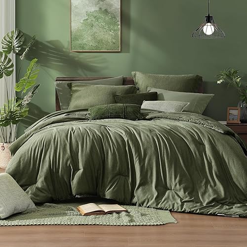 Miniatura 9 de Monbix Juego de ropa de cama con edredón tamaño matrimonial de 7 piezas, edredón reversible de color verde oliva para cama tamaño matrimonial, juego