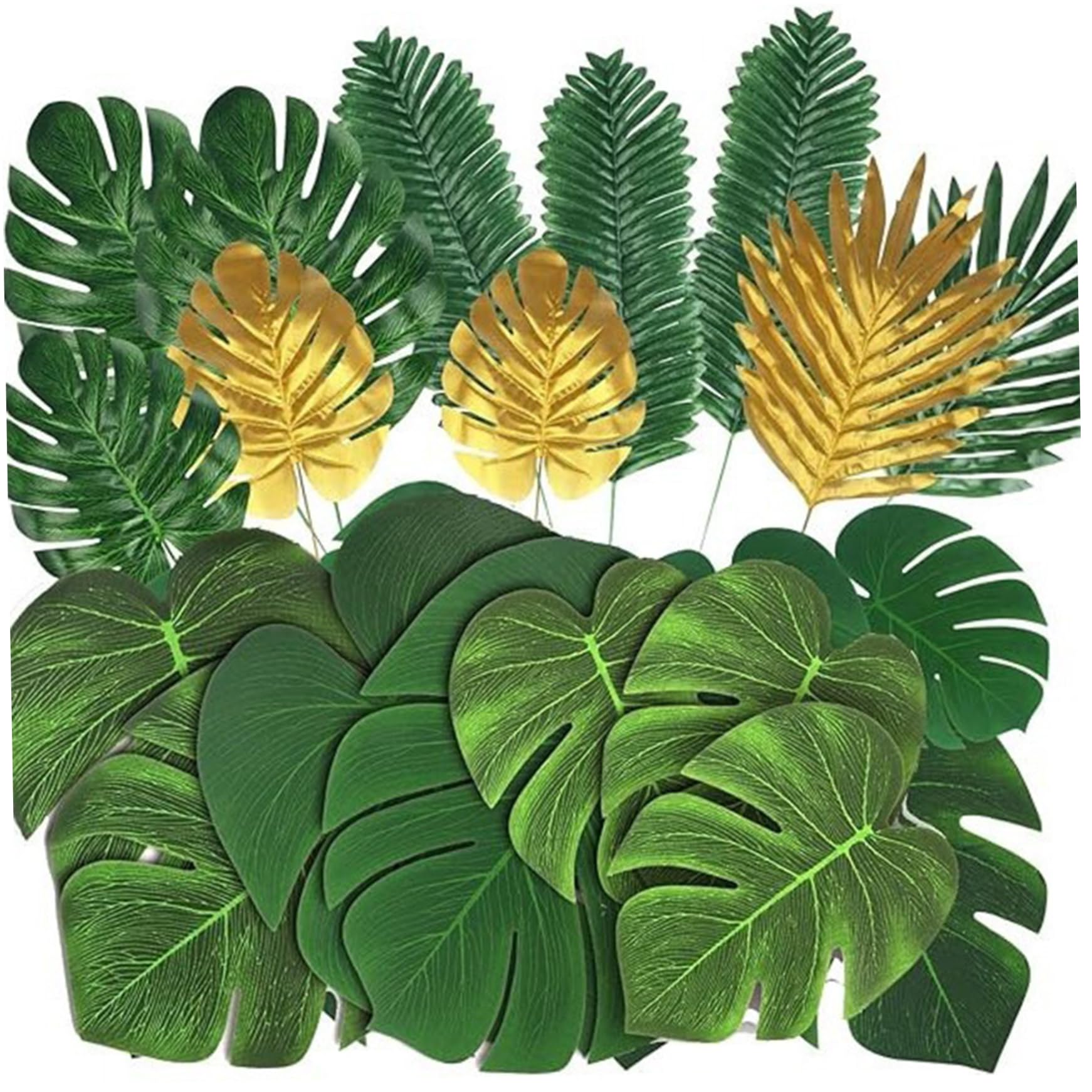 Feuilles tropicales artificielles avec tiges flexibles : lot de 86 pièces vert et or