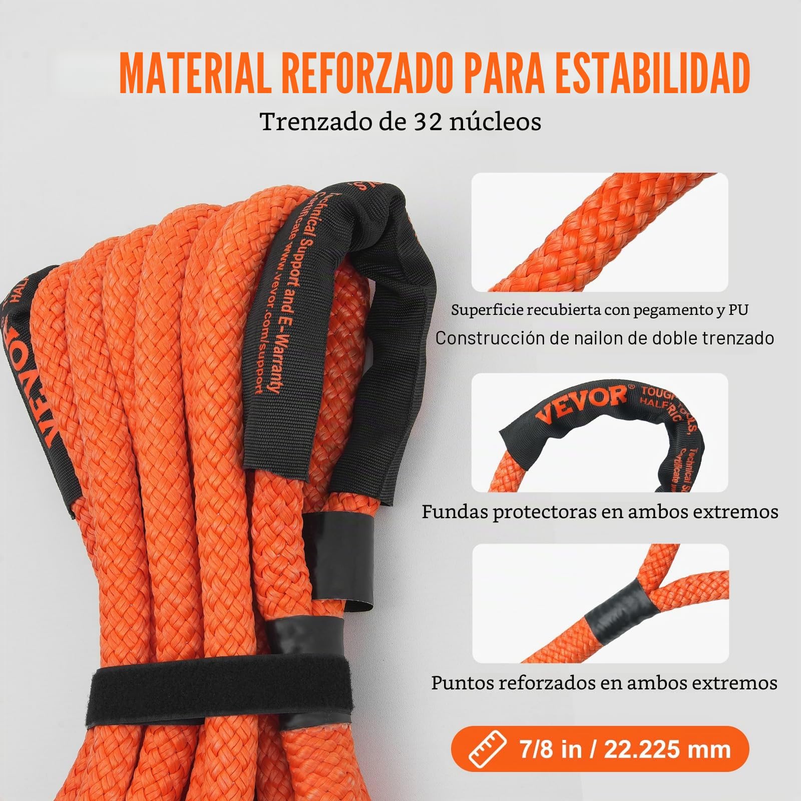 VEVOR Cuerda de Remolque de 22 mm x 9 m, 13871 kg, Correa de montaña Todoterreno de Alto Rendimiento con 2 grilletes Suaves (20.000 kg) Extremadamente Resistente al 30% de Elasticidad para Jeep Auto