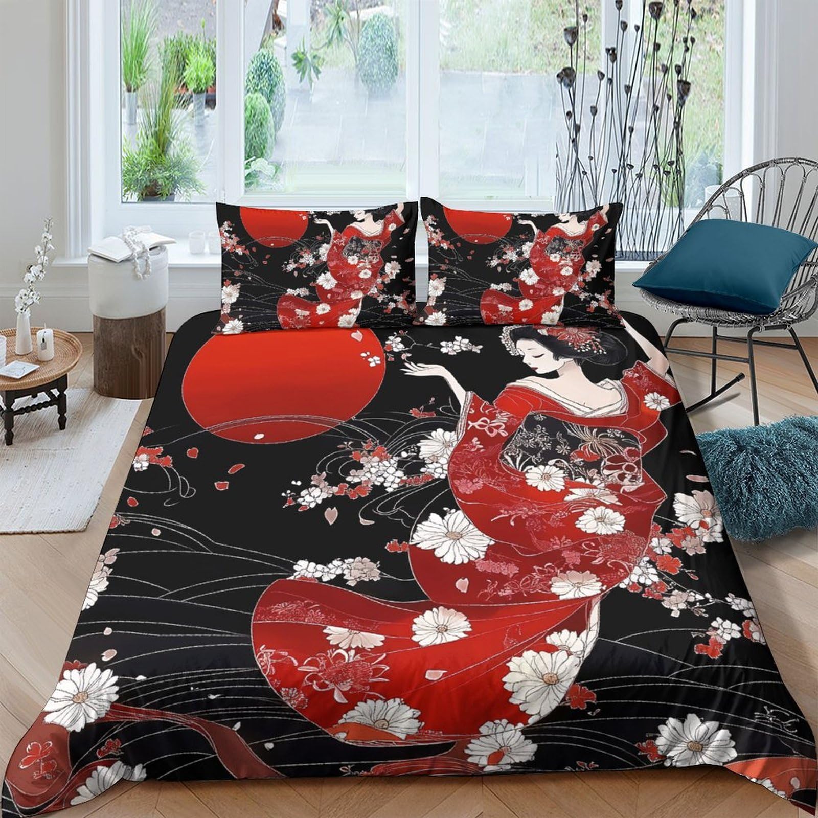 Ctjqhvkz Style-8 3D Printed Japanese Geisha Art Fitted Sheet Microfiber Red Black Floral Bed Cover For Bedroom Guest Room Decor Single（135X200cm）