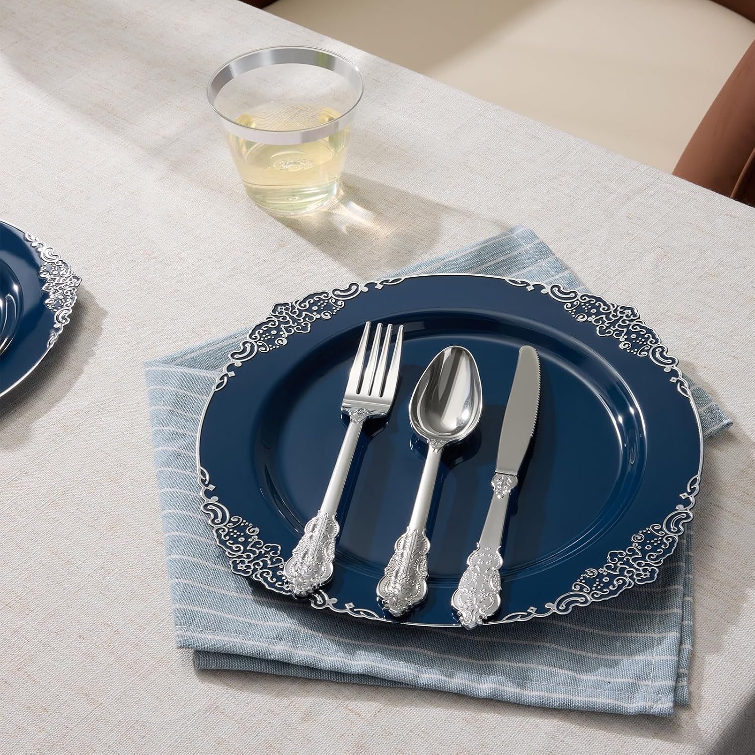 Goodluck 250 PCS Vintage Navy Blue & Silver Plastic Plates with Cutlery Set - Serves 50 - Heavy Duty Elegant Disposable Dinnerware for Graduation, Men's Birthday, Corporate Events