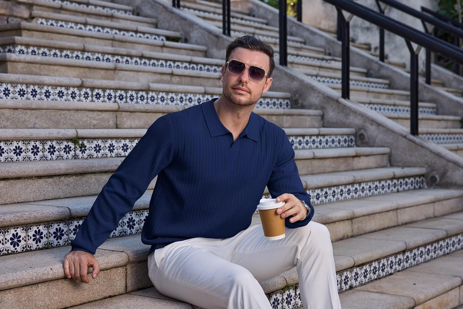 Mens Long Sleeve Knit Polo Shirt Lightweight Ribbed Polos Sweater Fall Winter Thermal Pullover Shirts with Collar - Image 6