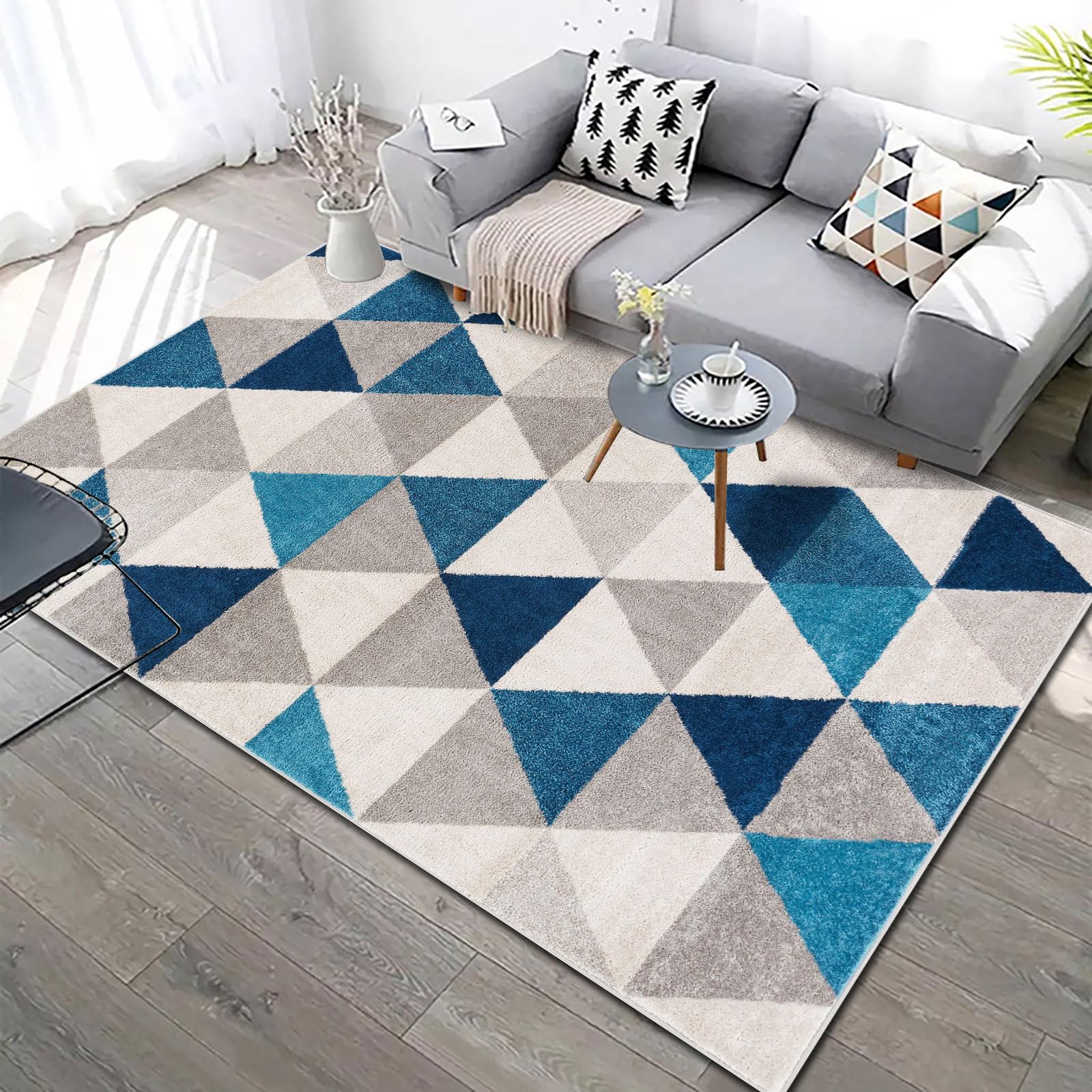 Moquette chambre antidérapante bleu triangle géométrique 90x150cm