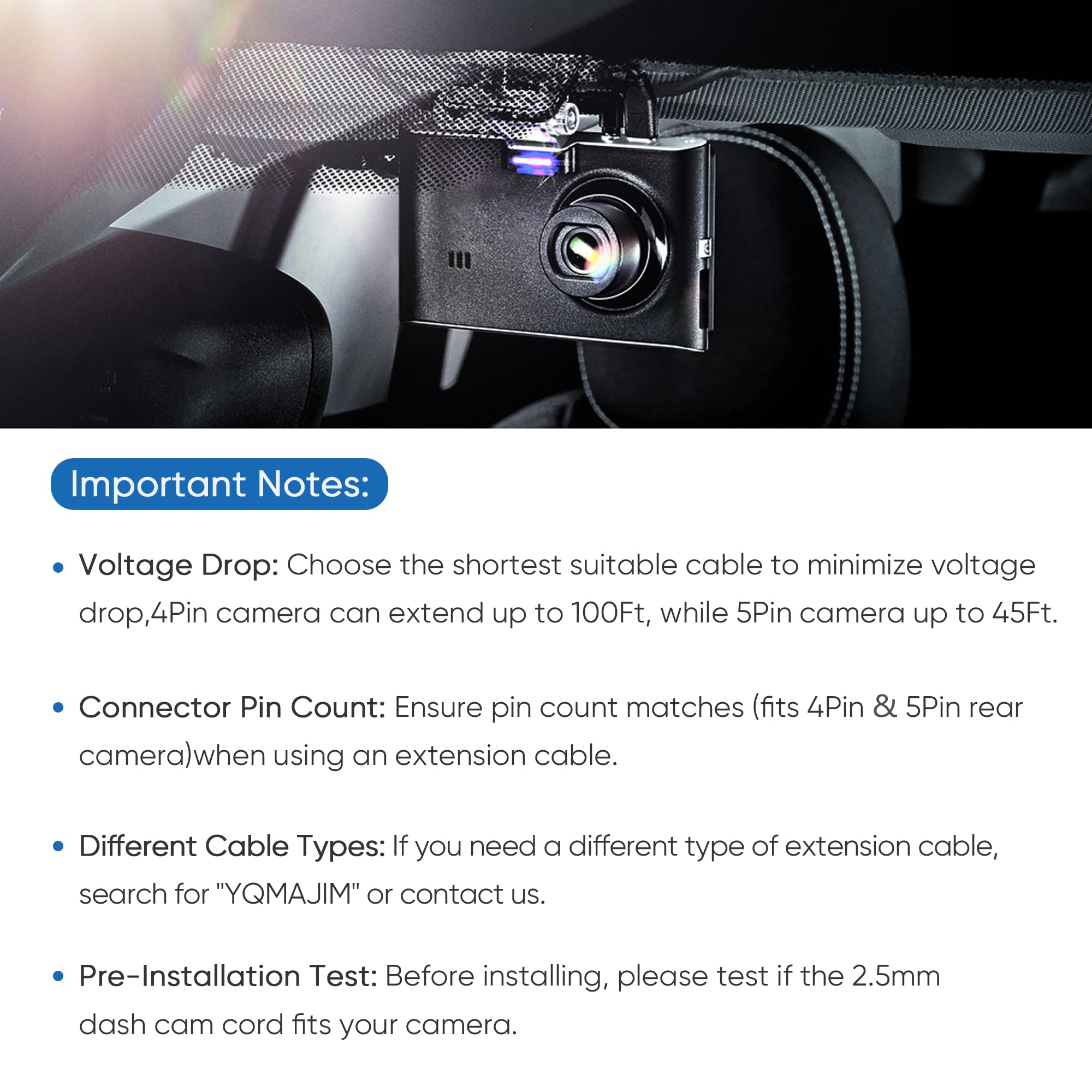 YQMAJIM 2.5mm Dash Cam Rear Camera Extension Cable, (10Ft Thicker) Backup Camera Extension Cord,Reverse Camera Adapter Extension Wire.Mirror Cam Rear View Camera Extension Cable Fits 4Pin&5Pin Dashcam