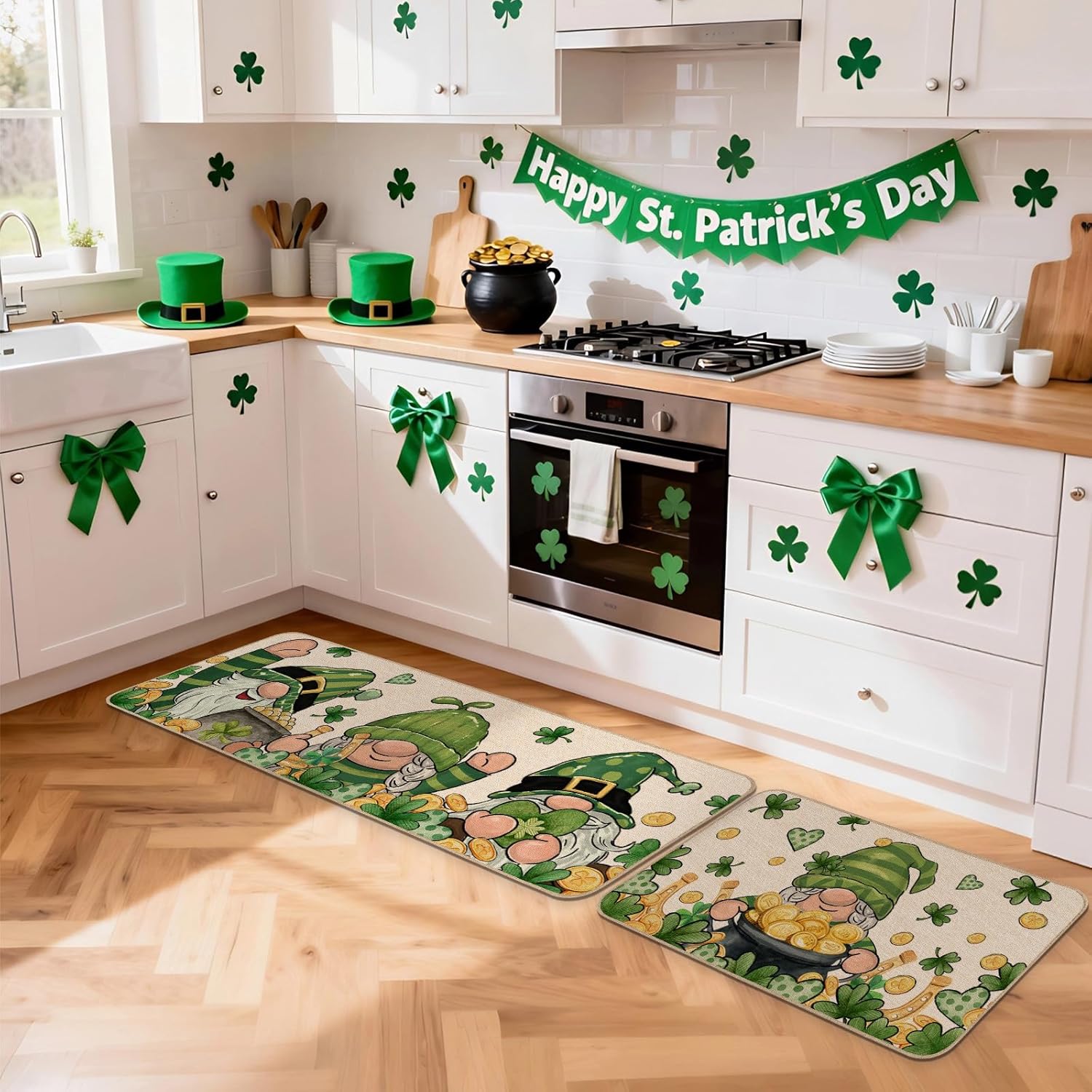 Moutina St Patricks Day Gnomes with Gold Coins Decorative Kitchen Rugs Set of 2, Lucky Shamrock Decor Low-Profile Kitchen Mats for Floor - 17x29 and 17x47 Inch
