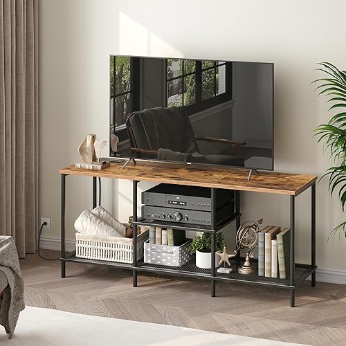 Miniatura 3 de Soporte de TV con tomas de corriente, centro de entretenimiento con estantes de almacenamiento de 3 niveles para televisores de hasta 55 pulgadas,