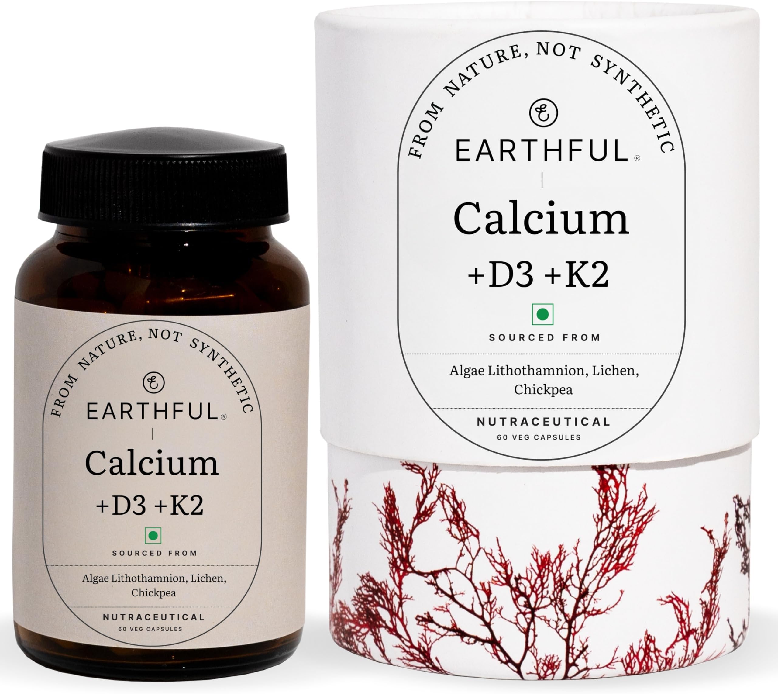 Earthful Calcium Magnesium Tablets for Bone Health, Supplement for Women and Men with Vitamin D3 for Bone Density and Joint Support - 60 Calcium Capsules (30 Day Pack)