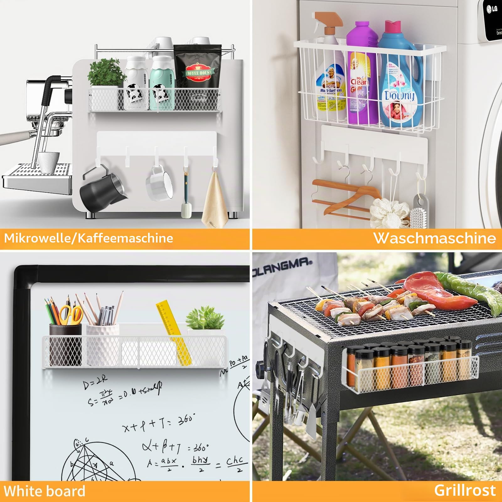DTUQYX Magnetablage für Gewürz Kühlschrank, 7 Metall-Fach, Tragbarer Organizer, Hakenablage, Halter für Papierhandtücher, Küchenutensilien und Schneidebrett, weiß