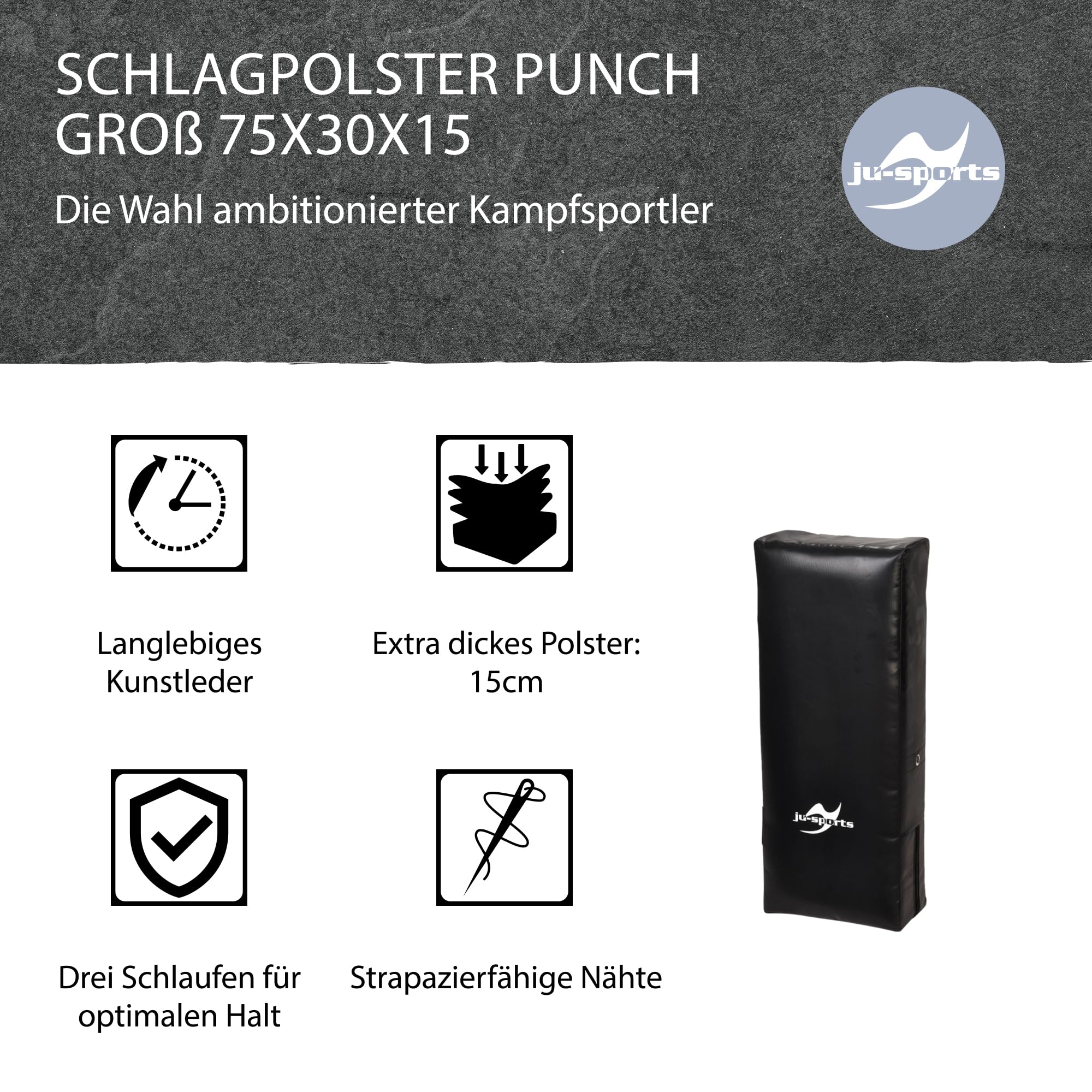 Ju-Sports Schlagpolster Kampfsport Punch groß 75 x 30 x 15cm - Gerade Pratzen Kickboxen & Taekwondo aus Kunstleder, Ideal zum Trainieren von Kicks, 3 Schlaufen