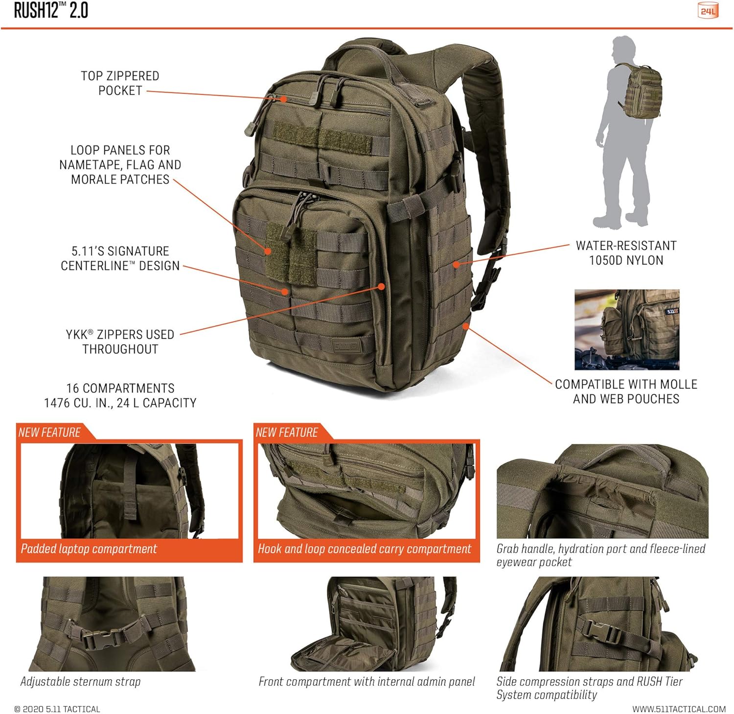 5.11 Tactical Backpack – Rush 12 2.0 – Military Molle Pack, CCW and Laptop Compartment, 24 Liter, Small, Style 56561, Black : Sports & Outdoors