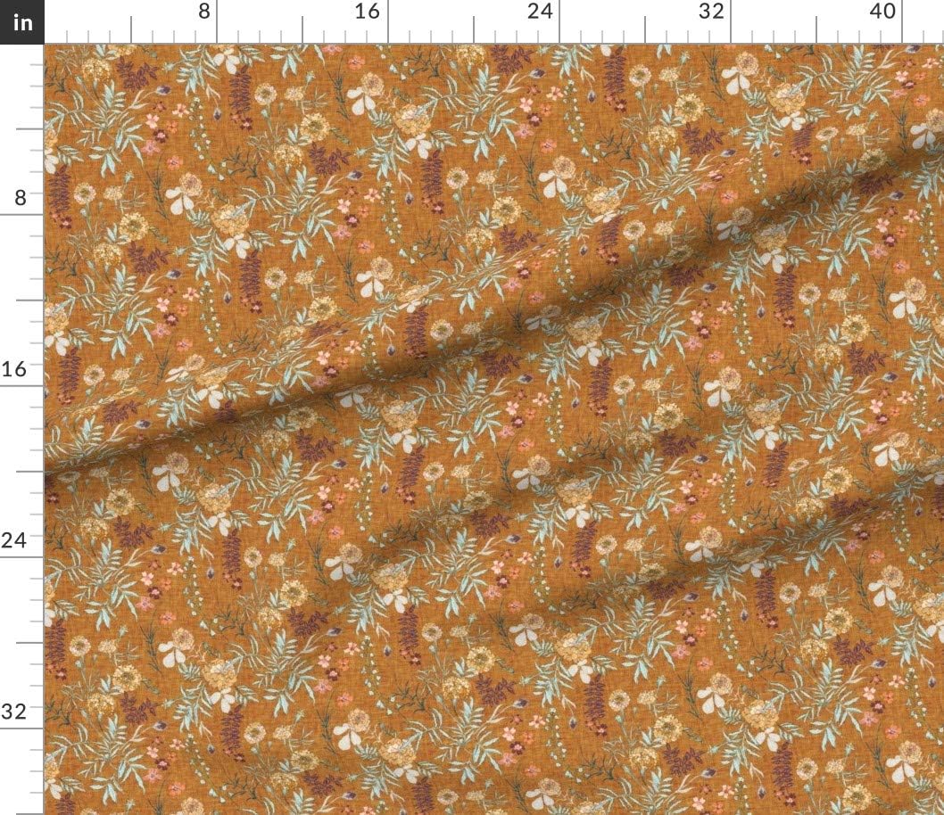 Spoonflower Fabric - Flower Yellow Gold Fall Autumn Floral Leaves Boho Mustard White Green Printed on Petal Signature Cotton Fabric by The Yard - Sewing Quilting Apparel Crafts Decor