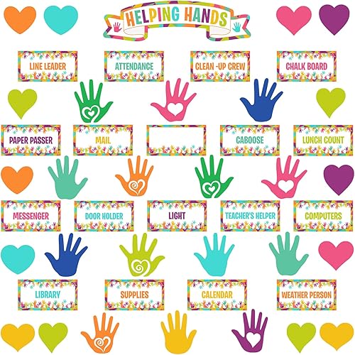 Tablón de anuncios de Helping Hands, tabla de trabajos en el aula, con texto en inglés Everyone is Welcome Helping Hands, borde para tablón de